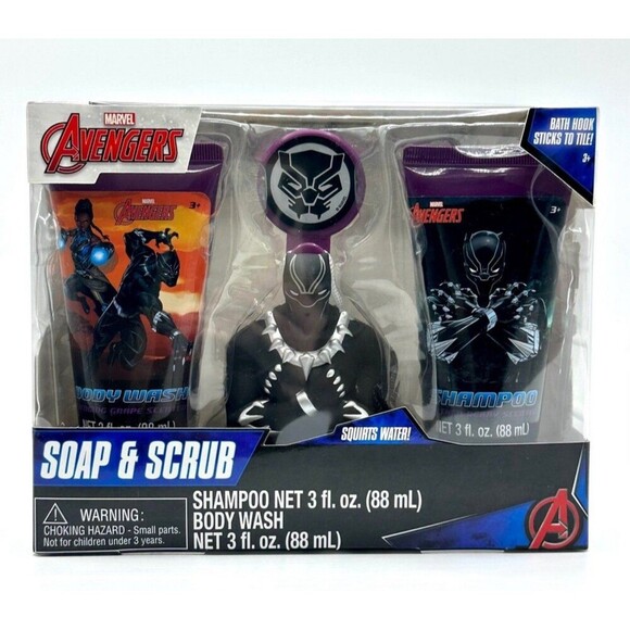 Marvel Avengers Black Panther Kids Soap & Scrub Bath Shampoo Body Wash 4 Pc Set - Picture 1 of 3